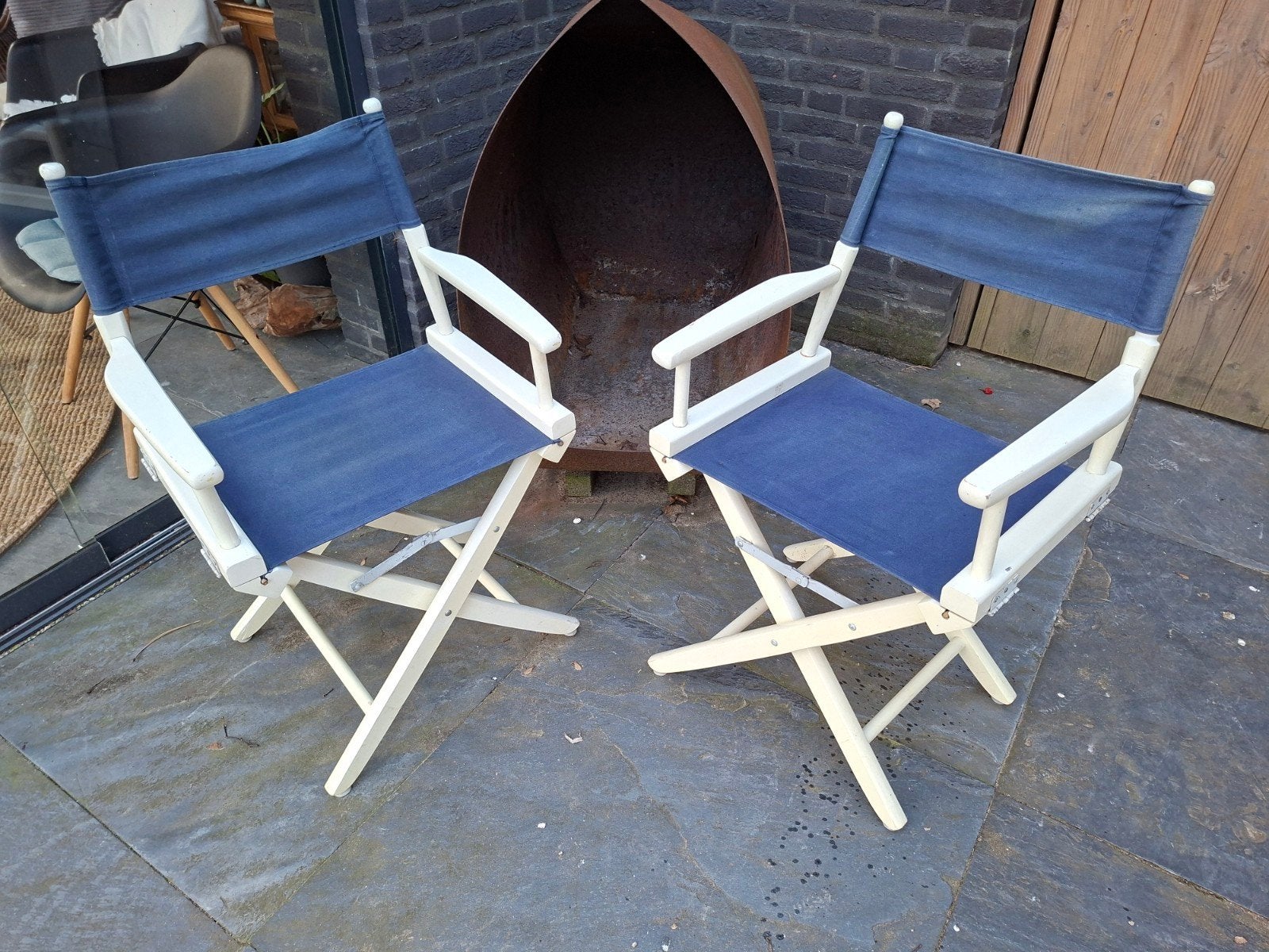 2 regisseurstoeltjes, blauw-wit, campingstoel, Huis en Inrichting, Stoelen, Ophalen, Hout, Twee