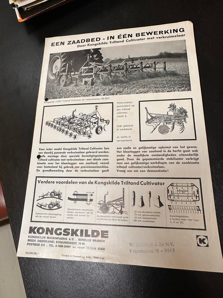 Oude reclamefolder Kongskilde Triltand Cultivator, Ophalen, Gebruikt