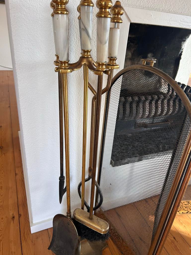 Complete Openhaard Set: Messing Gereedschap & Vonkenscherm, Ophalen, Gebruikt, Vrijstaande haard, Overige soorten