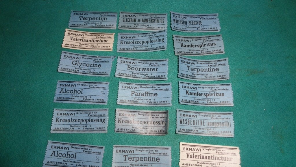   etiket apotheek set origineel vintage Amsterdam Exmawi, Antiek en Kunst, Verzenden
