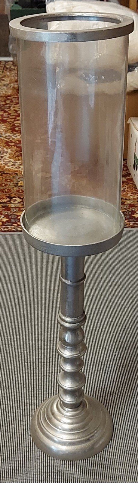 Grote metalen windlicht/kandelaar met glazen cilinder, Ophalen, Windlicht, Gebruikt, Metaal