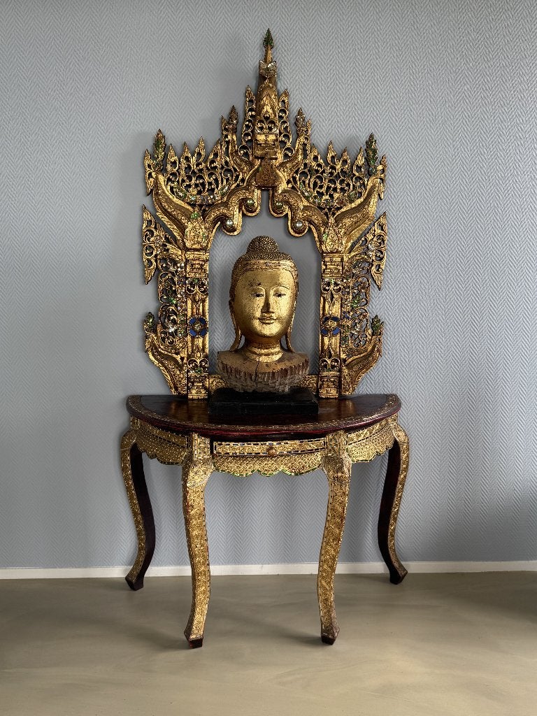 Antiek Thais buddhahoofd, tempelboog en houten haltafel, Ophalen, Art deco, Handgemaakt, 1 meter - 2 meter