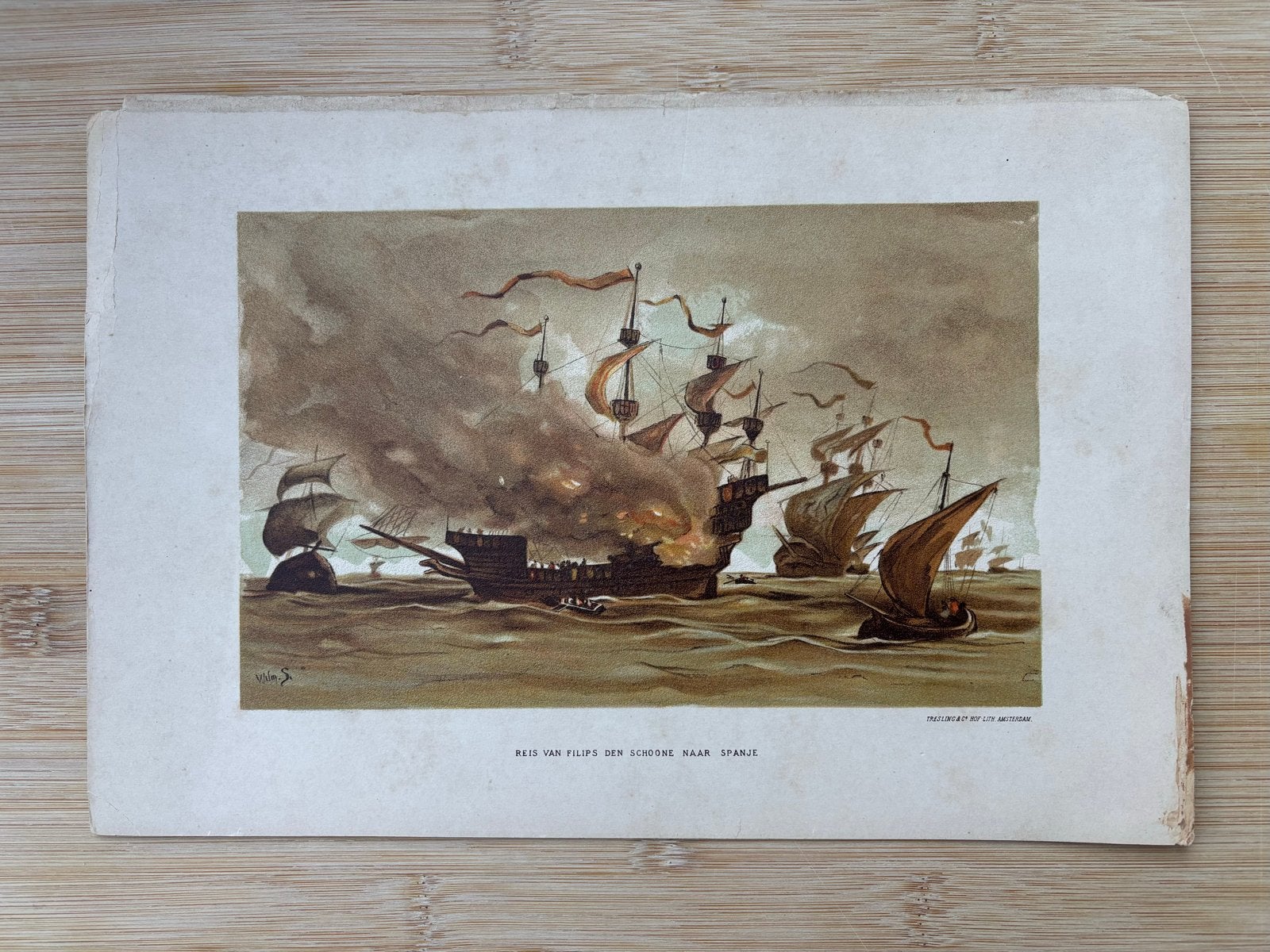Antieke prent: Zeeslag 'Reis van Filips de Schone', Ophalen of Verzenden