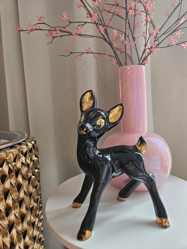 Vintage Italiaans Bambi Beeldje Zwart met Bladgoud, Ophalen of Verzenden, Gebruikt