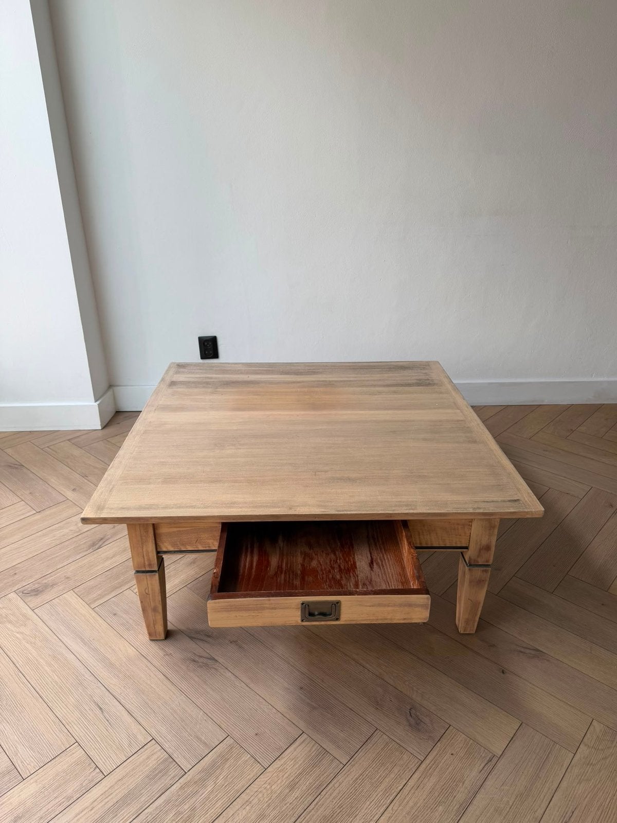 Salontafel 1x1 meter, warme houtkleur, vierkant, Huis en Inrichting, Tafels | Salontafels, Ophalen, Gebruikt, Vierkant, 50 tot 100 cm