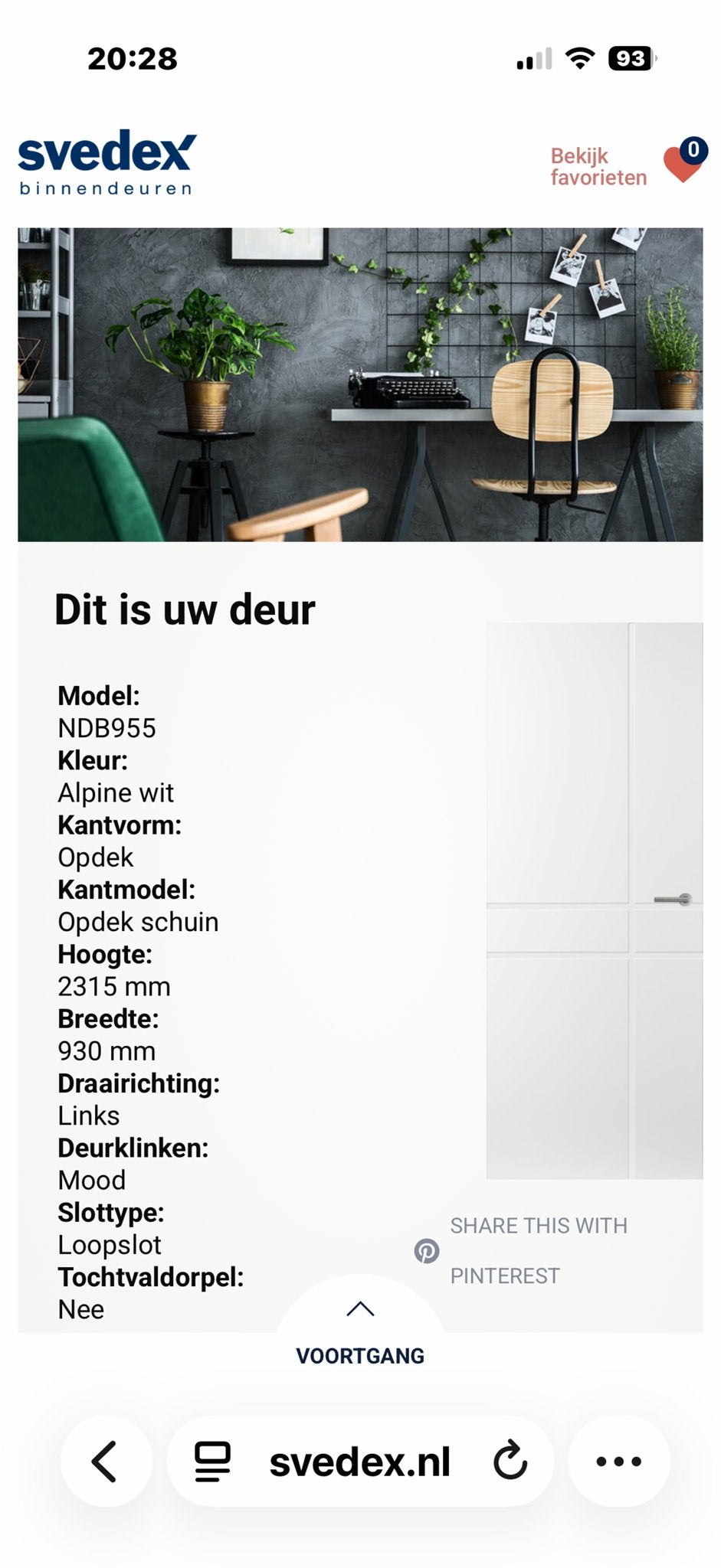 Svedex Binnendeur NDB955 Alpine Wit - Nieuwstaat, Ophalen, 80 tot 100 cm, 215 cm of meer, Binnendeur