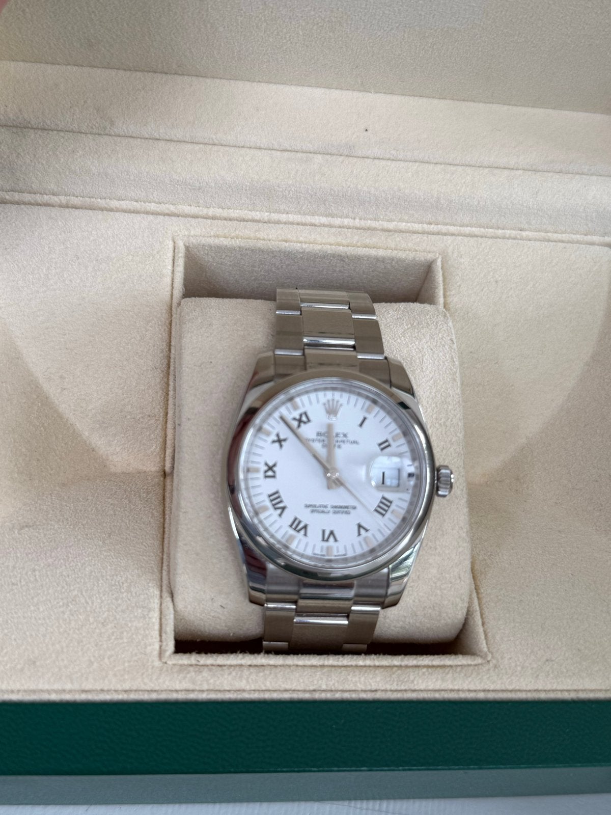Rolex 34mm Oyster Perpetual Date 115200 box & papers zgst, Sieraden, Tassen en Uiterlijk, Horloges | Heren, Ophalen, Staal, Gebruikt
