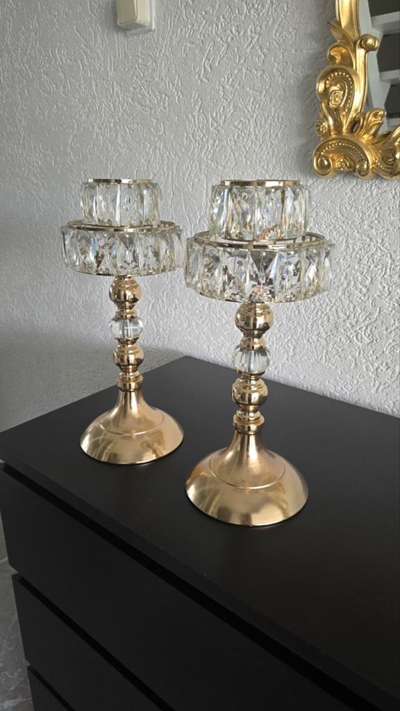 Set van 2 gouden kandelaars met kristallen details, Huis en Inrichting, Woonaccessoires | Kandelaars en Kaarsen, Ophalen of Verzenden