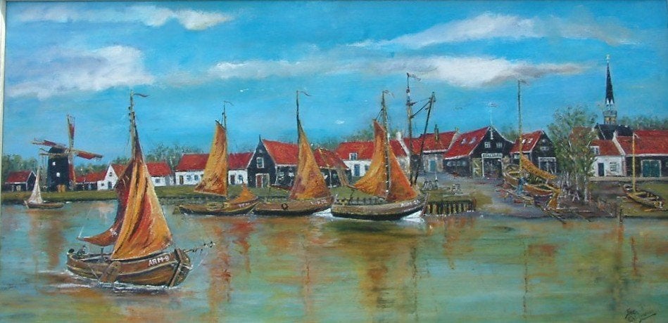 paneel doek 120 x 60 van Arnemuiden werf Haven, Antiek en Kunst, Ophalen, Maritiem / water, Doek, Olieverf
