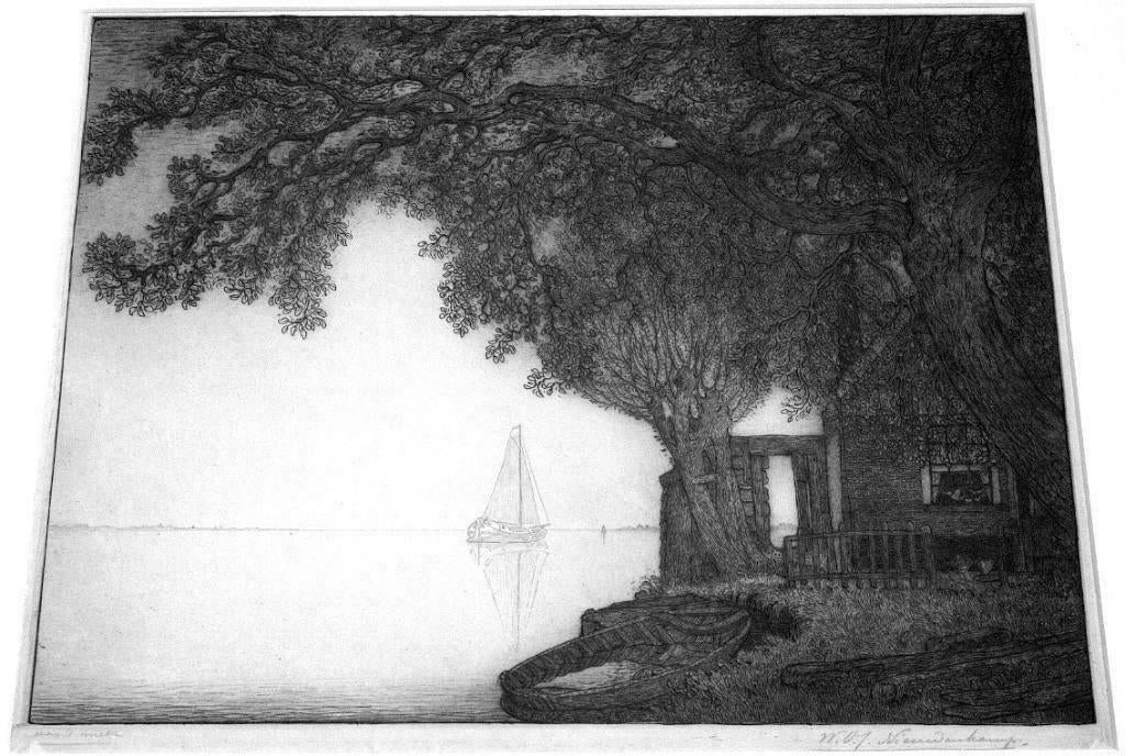 GROTE ets van W.O.J. Nieuwenkamp "aan 't meer" Edam 1917, Ets, Ophalen of Verzenden, Gesigneerd, Landschap