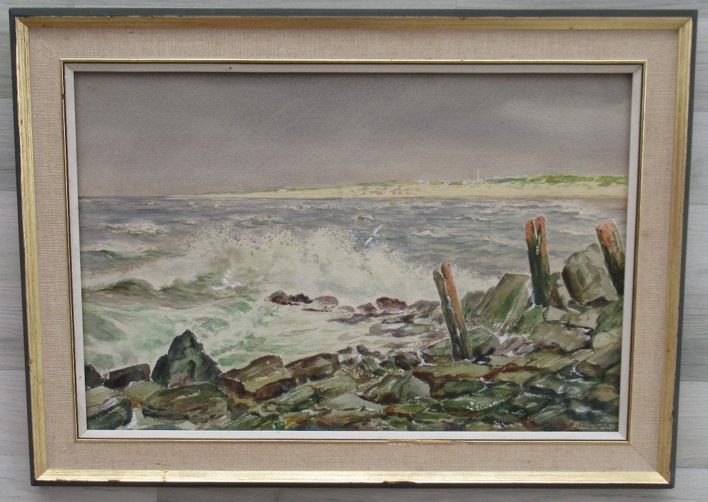 A.J. Van den Heuvel: Het Hoekse strand vanaf de pier, 1979, Antiek en Kunst, Kunst | Schilderijen | Klassiek, Ophalen of Verzenden