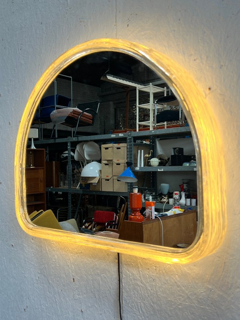Vintage halfronde Hillebrand spiegel met verlichting, Minder dan 50 cm, Gebruikt, Onbekend, Ophalen of Verzenden
