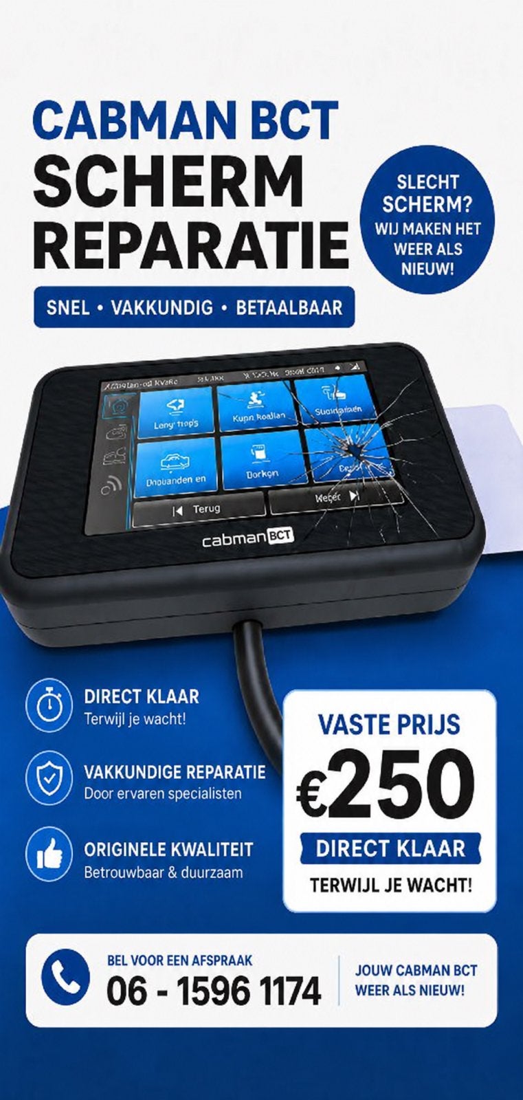 BCT Cabman scherm reparatie - maak snel je afspraak!, Ophalen of Verzenden, Zo goed als nieuw