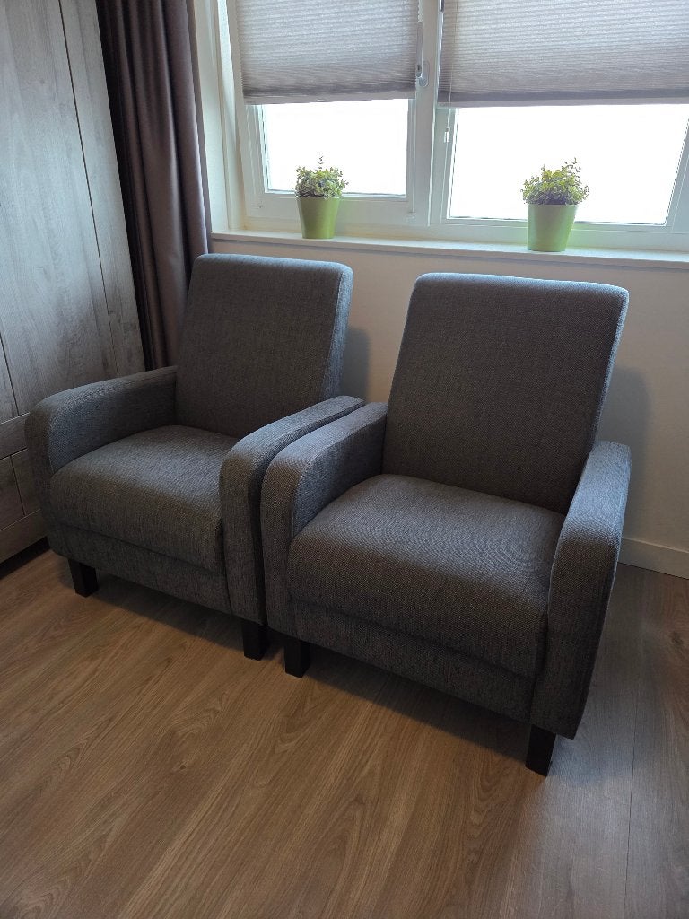 2 grijs gemeleerde stoffen fauteuils, Ophalen, Gebruikt, 75 tot 100 cm, Stof