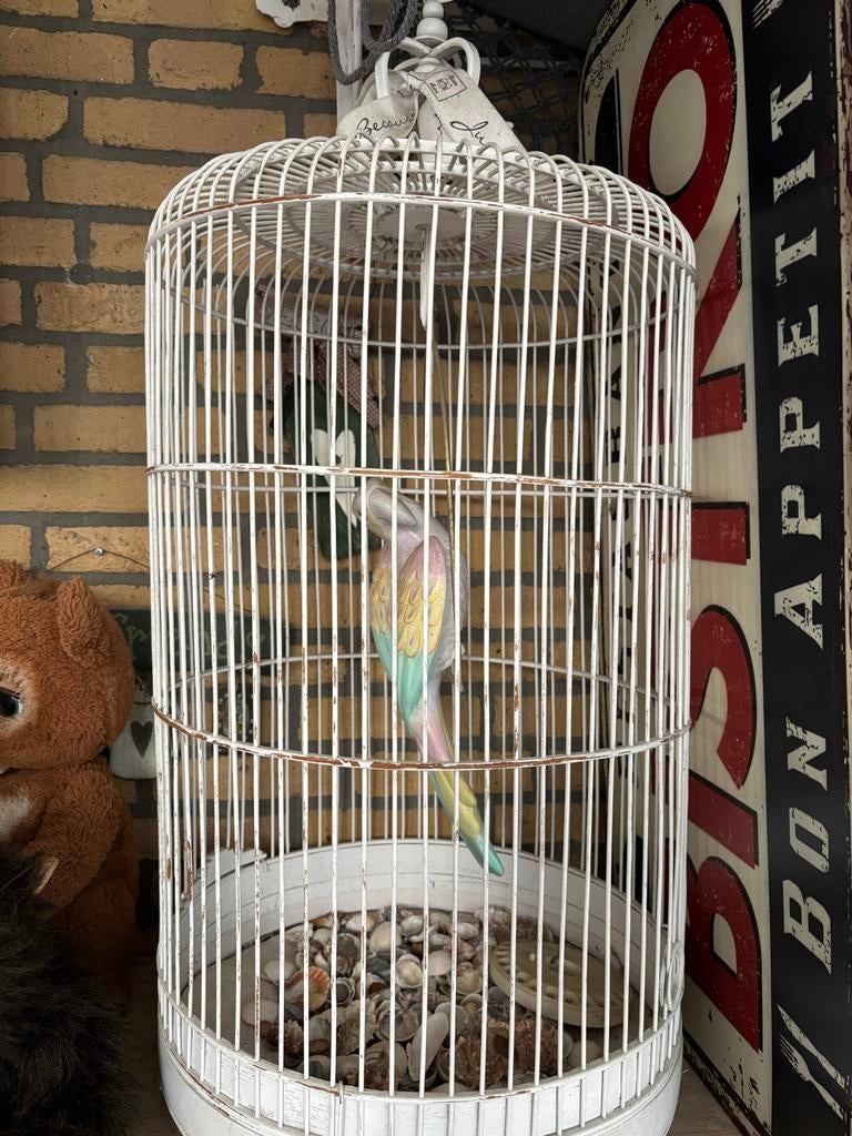 Grote sier vogelkooi met porseleinen papagaai en schelpen, Ophalen of Verzenden