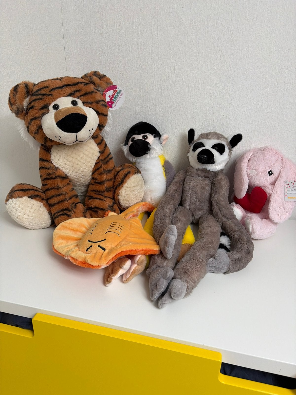 Leuke knuffelcollectie: tijger, aap, maki, rog en konijn, Gebruikt, Overige merken, Ophalen of Verzenden, Met label