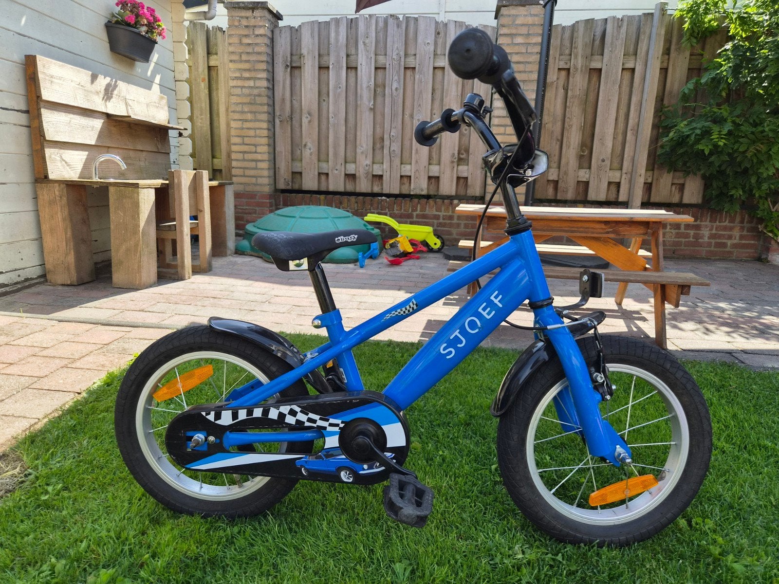 Sjoef 14 inch kinderfiets - Blauw, Ophalen, Terugtraprem, Gebruikt, Minder dan 16 inch
