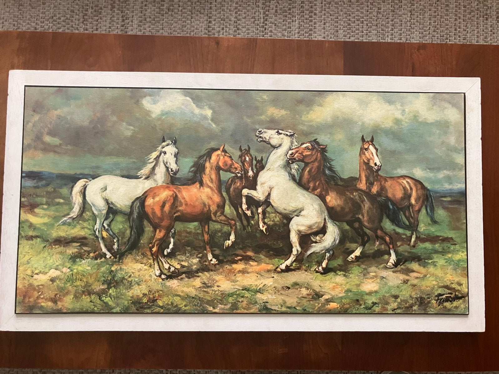Vintage schilderij wilde paarden Heinrich Faust, Antiek en Kunst, Kunst | Schilderijen | Klassiek, Ophalen of Verzenden