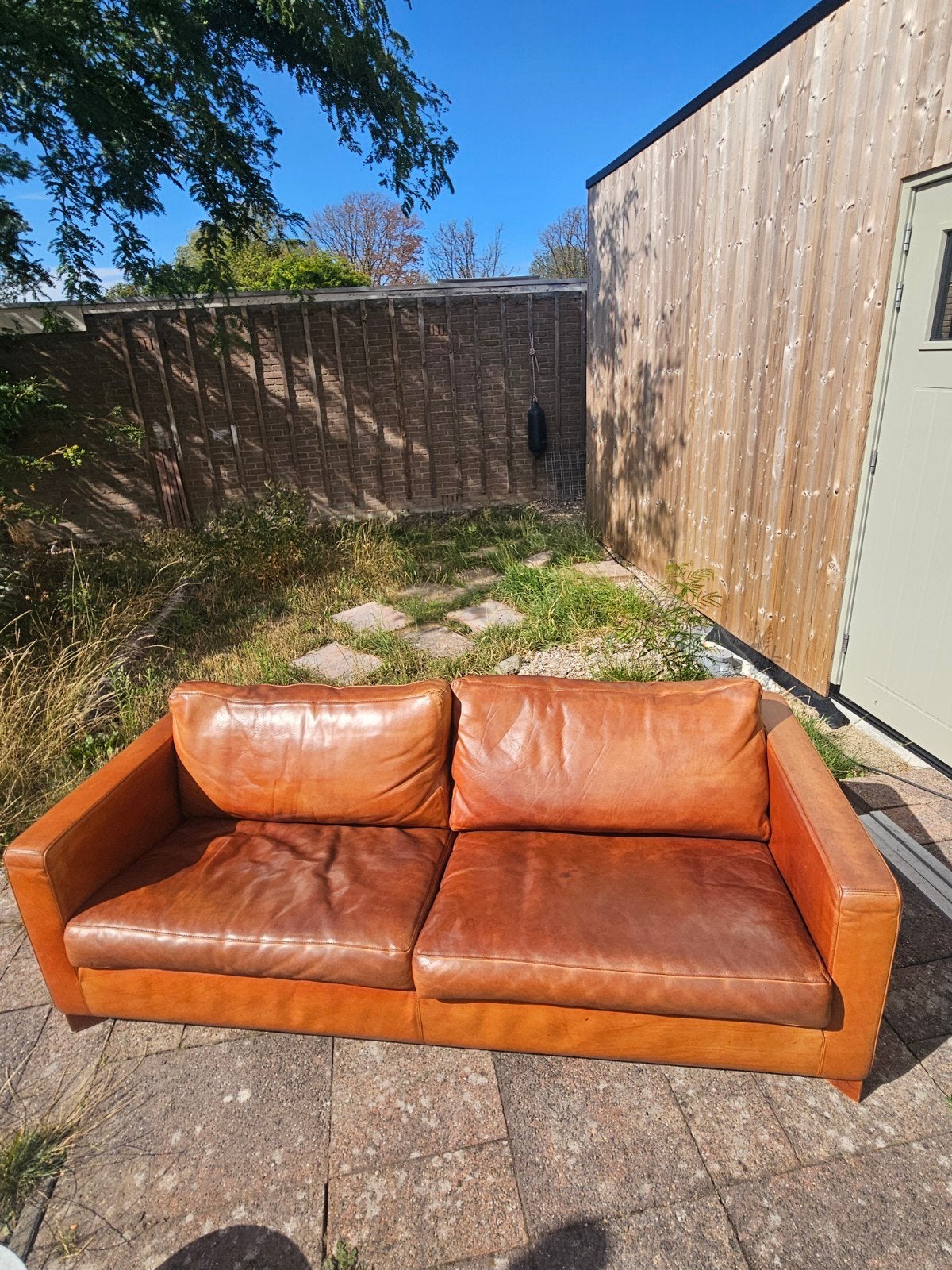 Italiaanse cognac leren bank, Ophalen, Gebruikt, 200 tot 250 cm, Leer