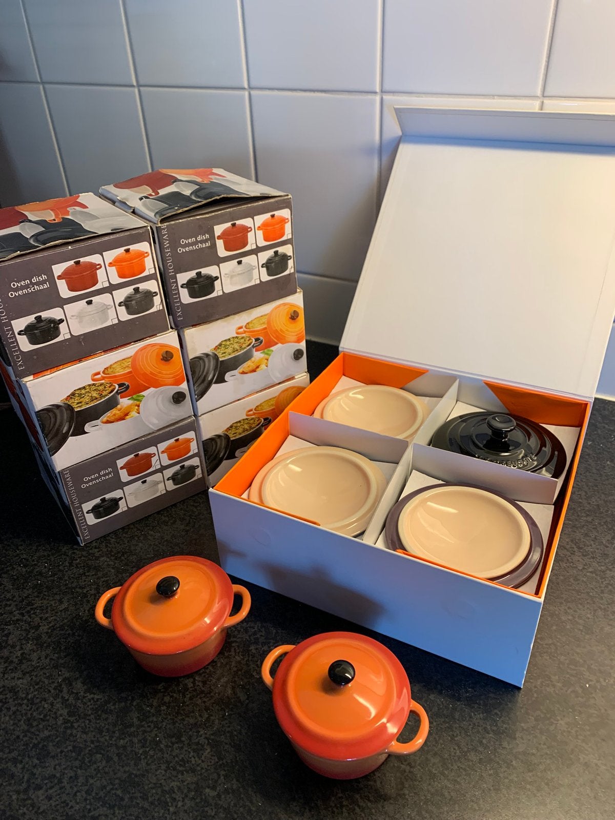 Le Creuset mini pannetjes / mini cocottes – set van 4, Ophalen of Verzenden, Zo goed als nieuw