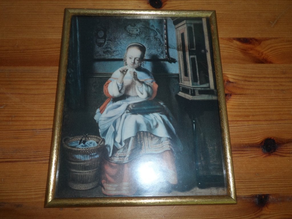 Nicolaes maes prints in vergulde lijst 2x, Minder dan 50 cm, Gebruikt, Ophalen of Verzenden, Schilderij