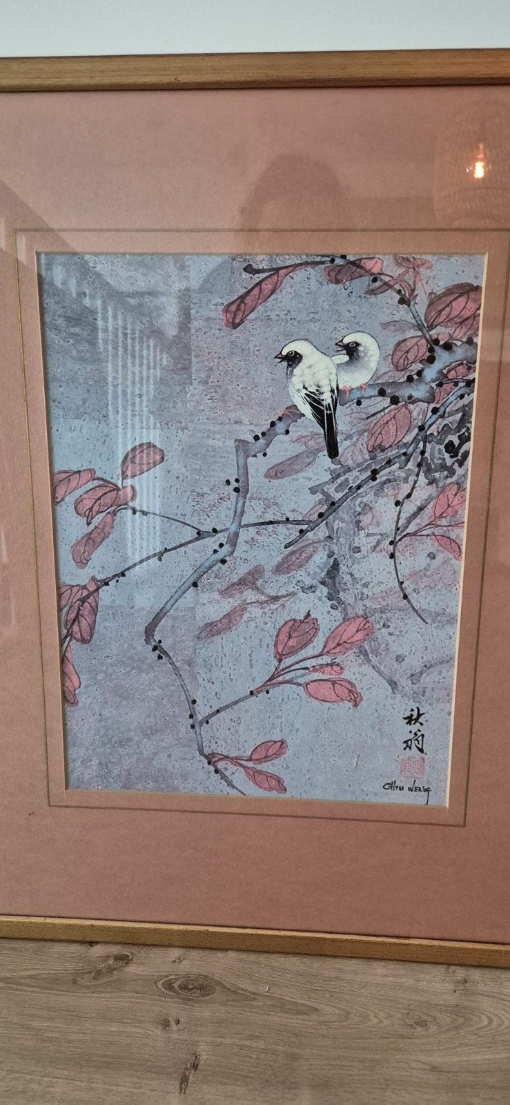 Oosterse kunst: Twee vogels op tak, gesigneerd, Ophalen of Verzenden
