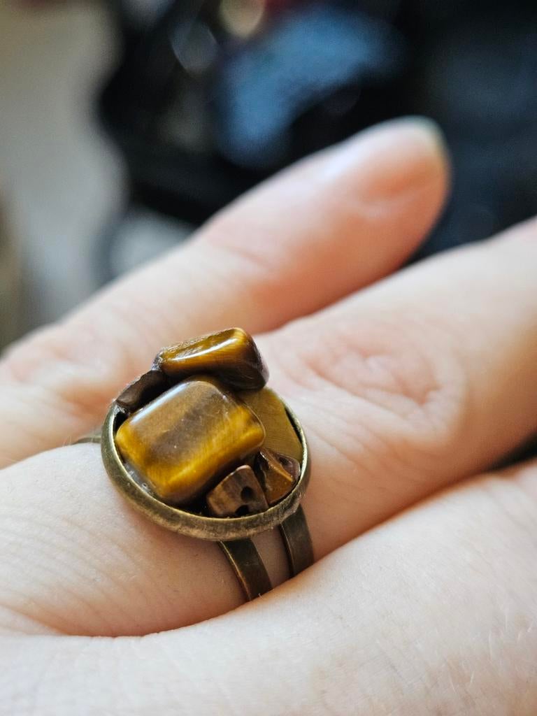 Handgemaakte messing verstelbare ring met tijgeroog, Ophalen of Verzenden