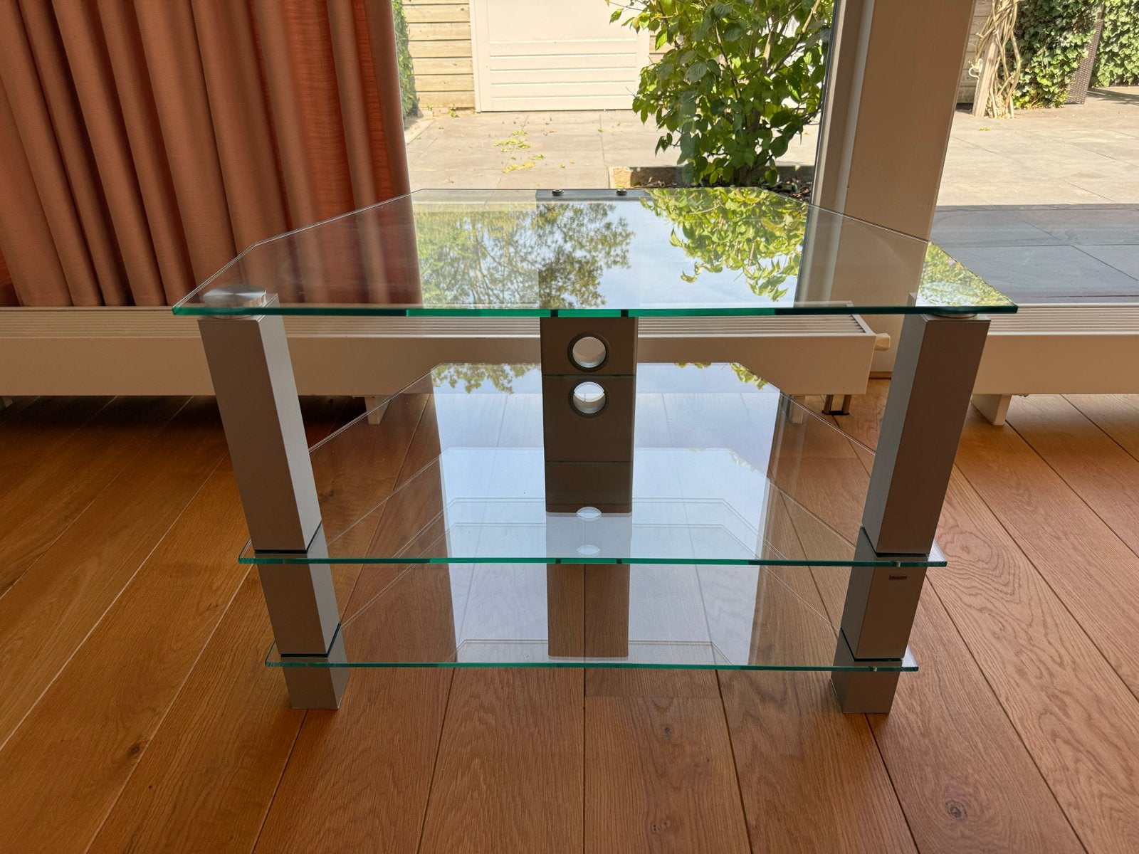 Modern glazen en aluminium tv/audio meubel, Huis en Inrichting, Ophalen, Gebruikt, 50 tot 100 cm, Glas