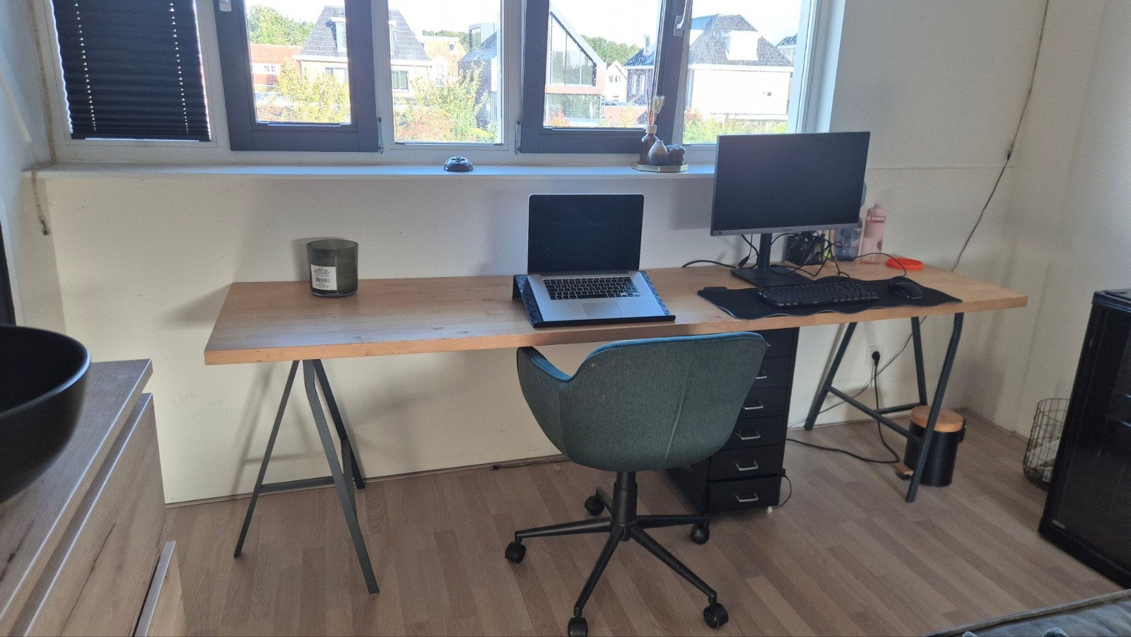 Bureau blad met losse poten 245x64x4 cm, Ophalen, Gebruikt, Hout, Overige typen