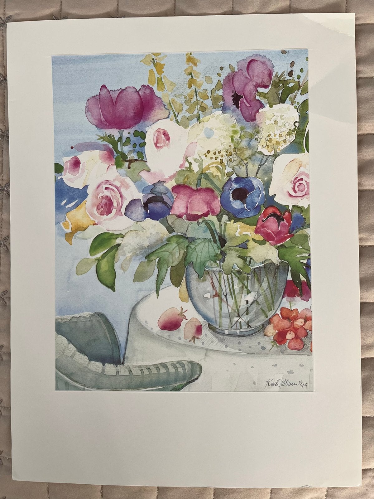 Kiek Blom , Kleurrijk Bloemenstilleven - Aquarel, Realistisch, Stilleven, Ophalen of Verzenden, Gesigneerd
