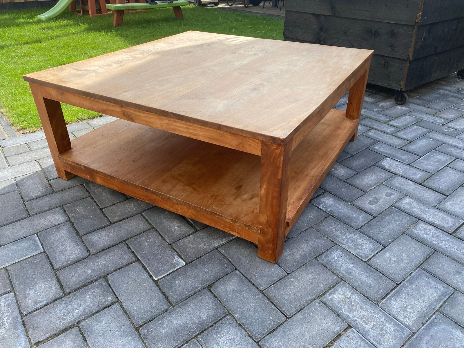 Massief Teakhouten Salontafel met Opbergplank, Huis en Inrichting, Ophalen, Gebruikt, 50 tot 100 cm, 50 tot 100 cm