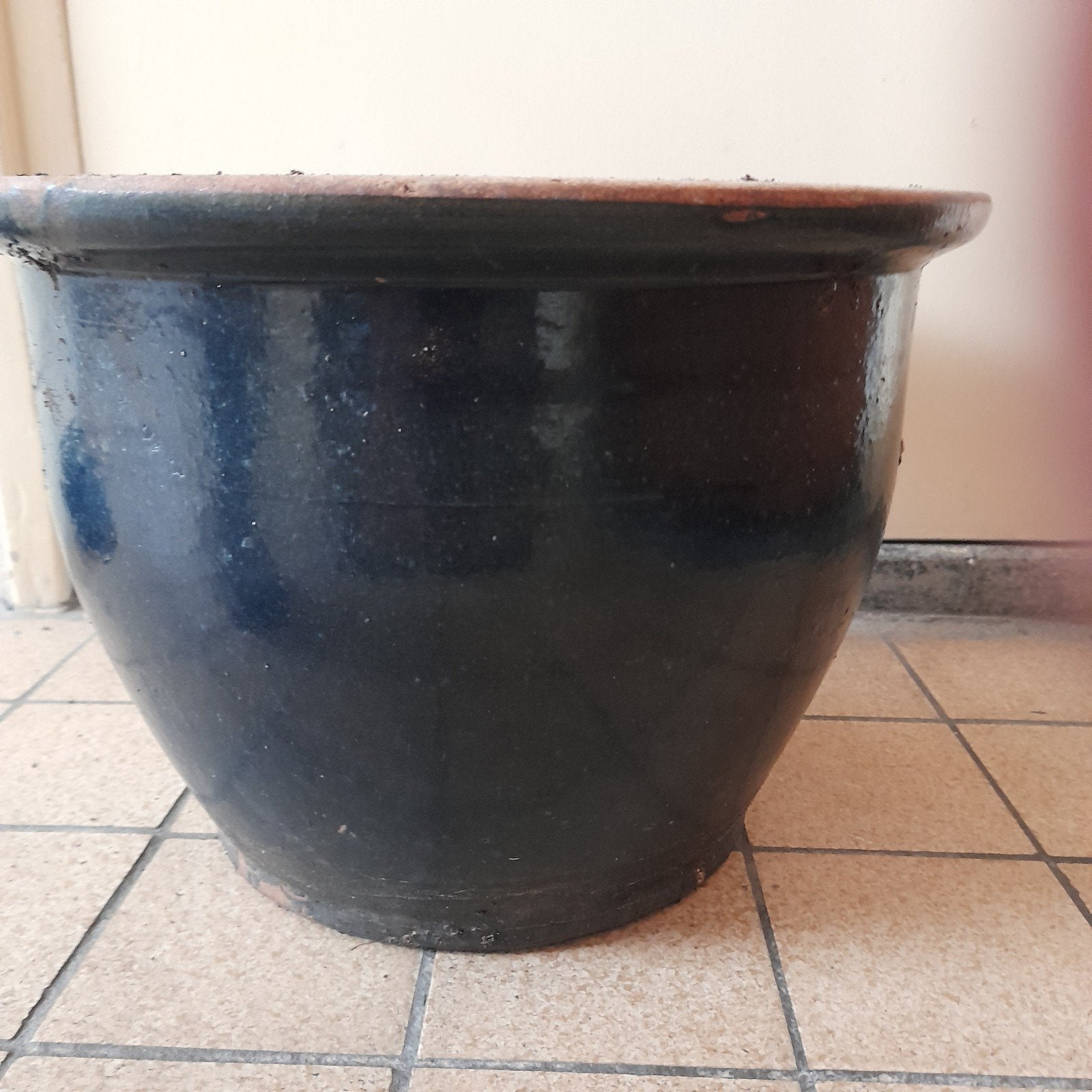 bloempot - Diep blauw geglazuurde plantenpot, Rond, Zo goed als nieuw, Minder dan 40 cm, Binnen