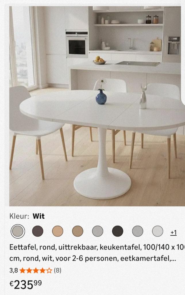 Eettafel, wit en uitschuifbaar., Huis en Inrichting, Tafels | Eettafels, Nieuw, 100 tot 150 cm, 100 tot 150 cm, Vier personen