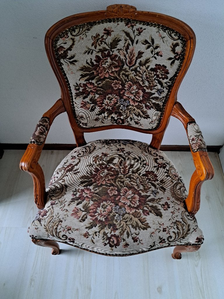Antieke houten stoel met bloemenstof, Antiek en Kunst, Ophalen