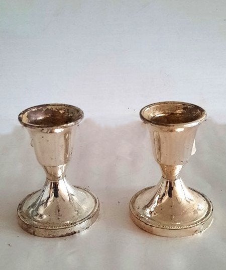 Paar vintage verzilverde Dwergkandelaars met Parelrand (854), Ophalen of Verzenden, Zo goed als nieuw, Metaal, Kandelaar