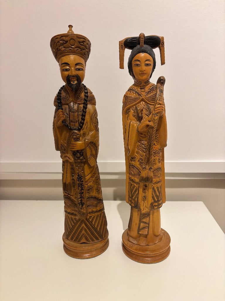 handgesneden set Chinese beelden Keizer & Keizerin  Jaren 80, Antiek en Kunst, Groep mensen, Ophalen of Verzenden, Handgemaakt