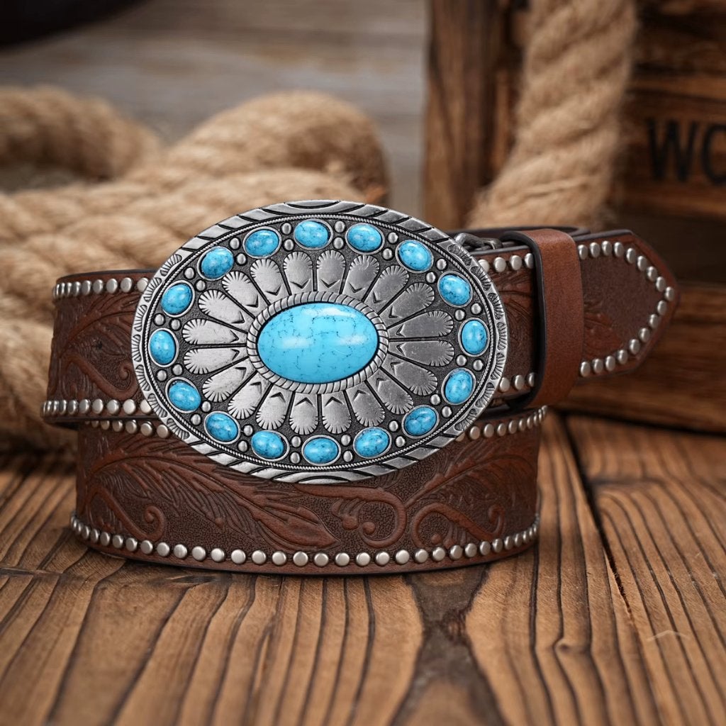 Bruine kunstleren cowboyriem met blauwe stenen, Bruin, Verzenden, Nieuw, 115 cm of meer