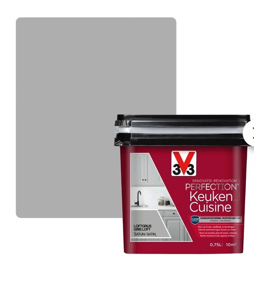 V33 Renovatieverf Keuken Loftgrijs Satijn 0.75L, Nieuw, Ophalen of Verzenden, Verf, Grijs