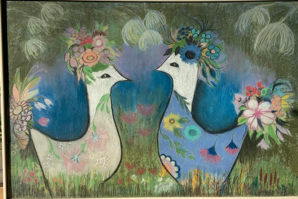 Schilderij: Twee Fantasie Vogels met Bloemen, Ophalen of Verzenden