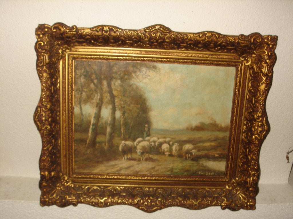 Pieter Adrianus Bouter, (1887-1968), Herder met schapen., Antiek en Kunst, Doek, Ophalen of Verzenden, Landschap, Olieverf