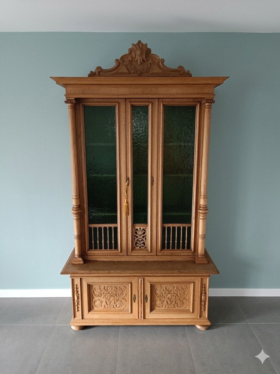 Unieke eiken kast met groen glas en vele mogelijkheden., Ophalen