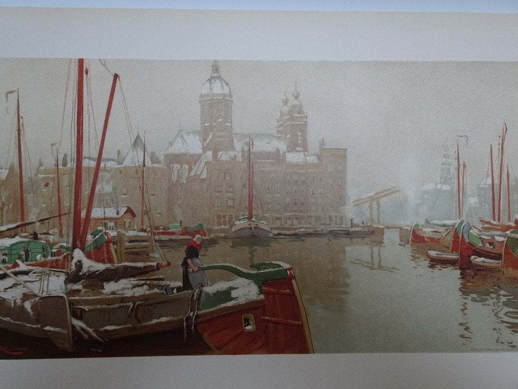 Litho zicht op Amsterdamse gracht in sneeuw H. Cassiers 1900, Ophalen of Verzenden, Lithografie, Origineel