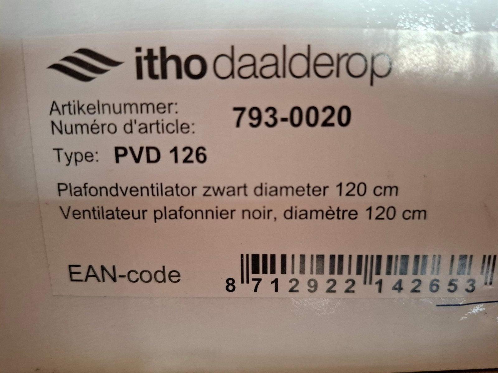 Itho Daalderop Plafondventilator PVD 126 Zwart 120 cm, Witgoed en Apparatuur, Ophalen of Verzenden, Nieuw, Plafondventilator