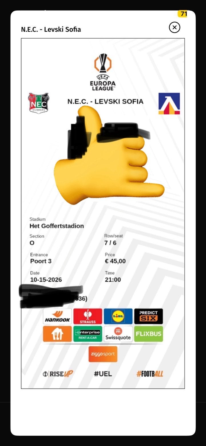 NEC - Levski Sofia kaartje, Tickets en Kaartjes, Eén persoon