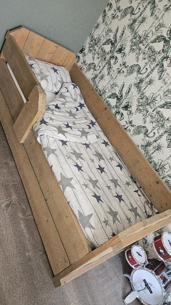 Steigerhout bed met lade & bijpassend bureau, Ophalen, 85 tot 100 cm, Zo goed als nieuw, Matras