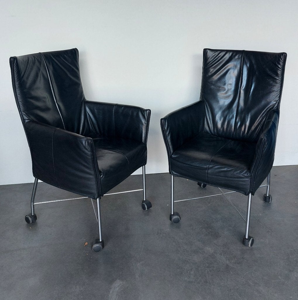 Design eetkamer stoelen set/6 op wiel, zwart leer, Ophalen, Gebruikt, Zwart, Dutch Design