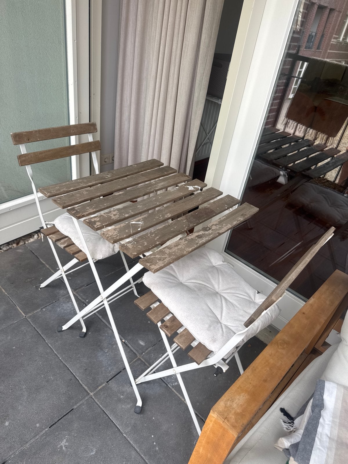 Balkonset: inklapbare tafel en 2 stoelen, Gebruikt, Eettafel, Tuinset, Hout