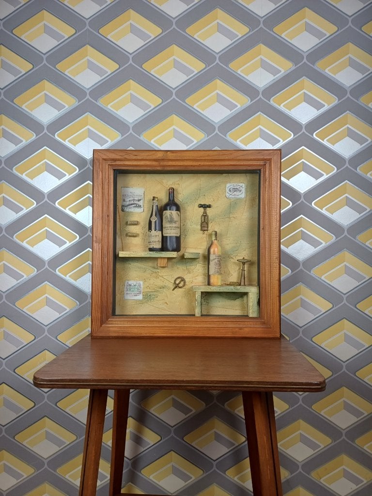 groot DIORAMA wijn wijnhuis wanddecoratie retro vintage, Gebruikt, Vintage, Achter glas, 56 cm