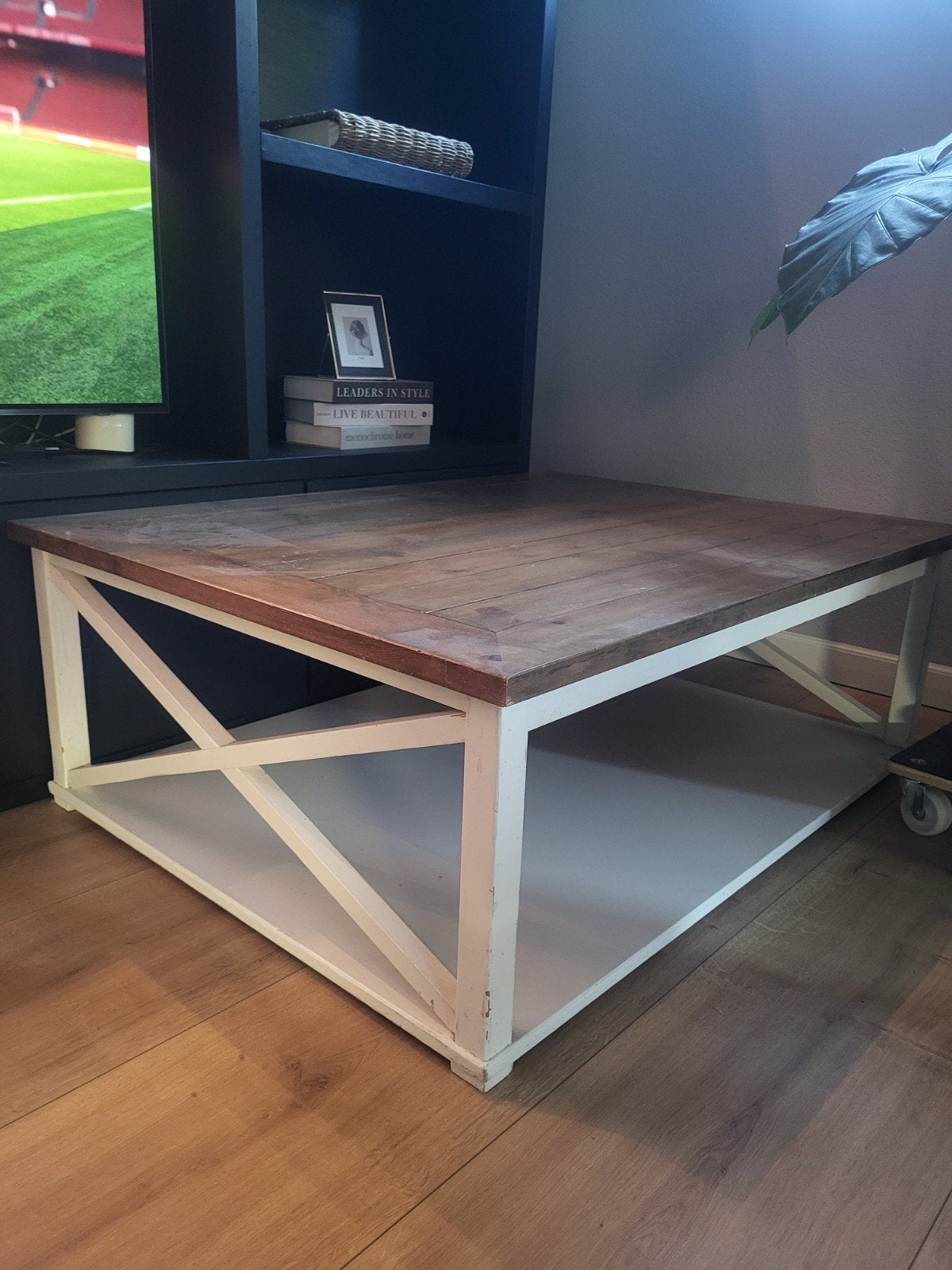 Houten salontafel met wit onderstel 120 x 90 cm, Ophalen, Gebruikt, 100 tot 150 cm, Landelijk, Rustiek