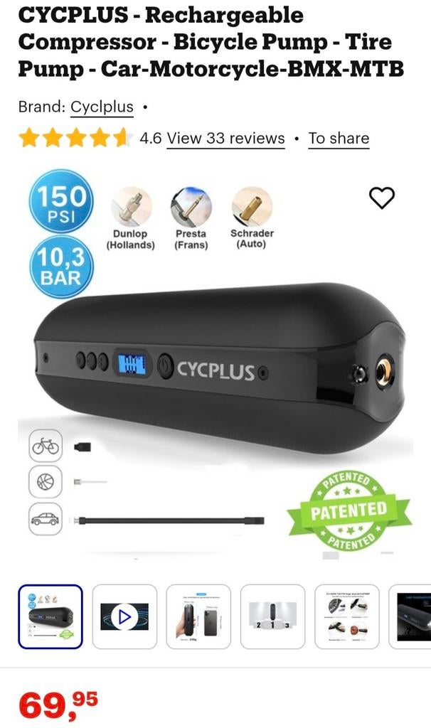 CYCPLUS Draagbare Compressor - Fiets- & Autoband Pomp, Ophalen of Verzenden